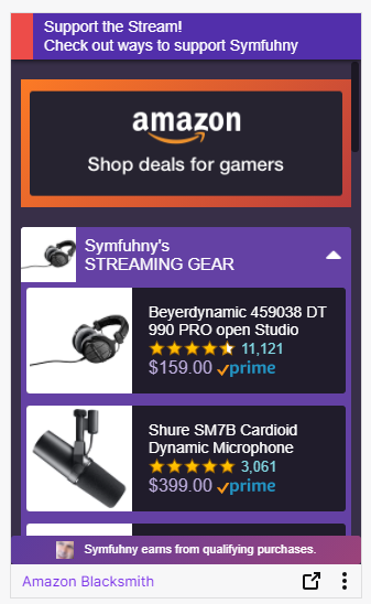 Amazon Blacksmith is a great free widget for Amazon Associates on Twitch