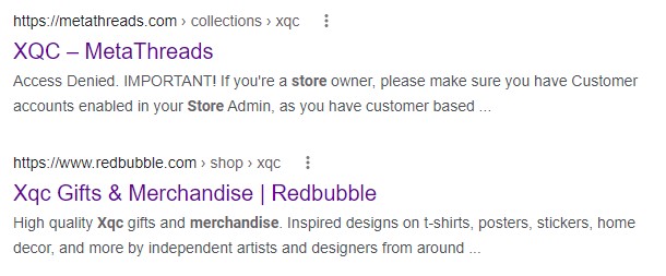 redbubble pops up when you search for xQc streamer merch