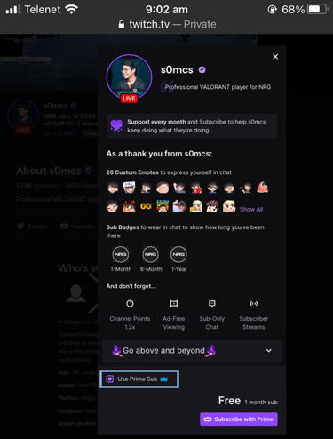 check the 'use prime sub' button to subscribe with twitch prime on mobile