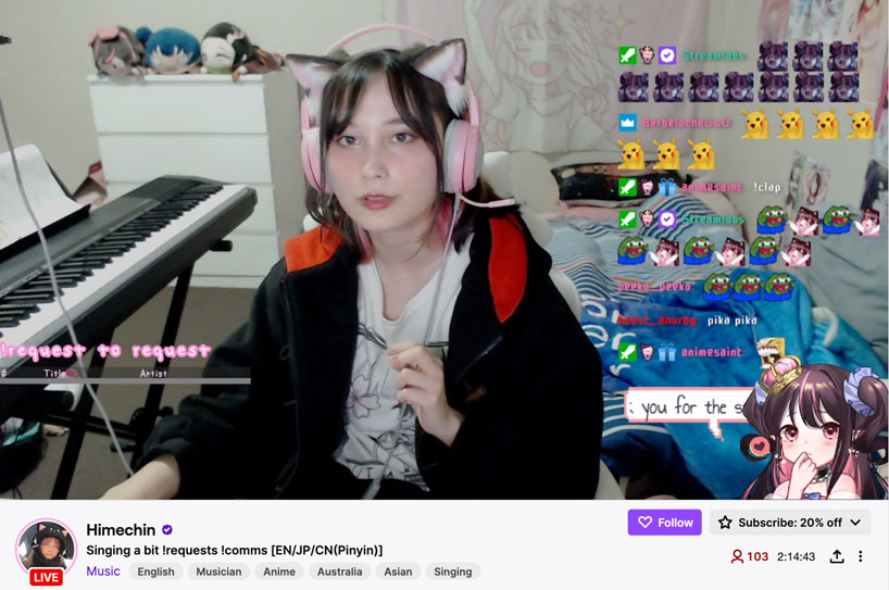 himechin is a female australian twitch streamer who streams music and apex legeneds