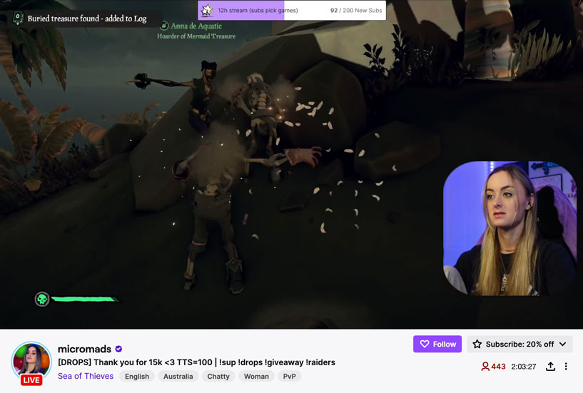 micromads is a female australian twitch streamer who plays sea of thieves