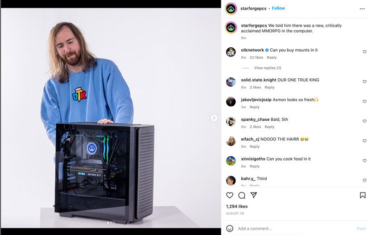 Asmongold featured on Starforge's IG next to his gaming PC