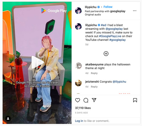 LilyPichu doing a sponsorship with Googleplay on her IG