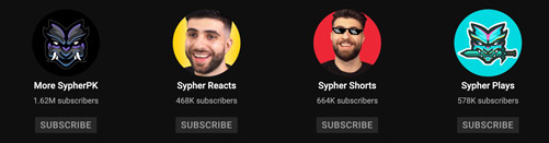 sypherpk has 5 total youtube channels which generate him an income through advertisements